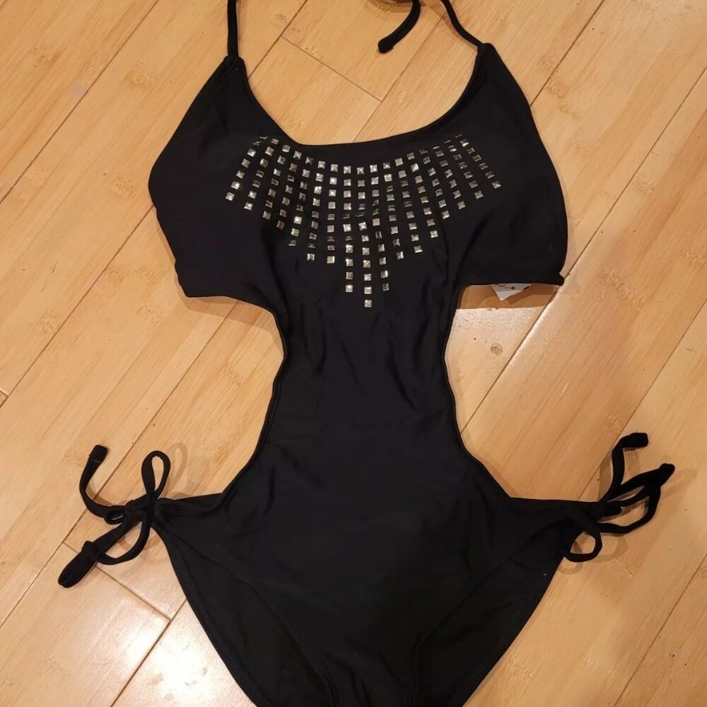 Punk Bongo black gold studded stud Monokini swim suit string tie bikini S - Picture 3 of 6